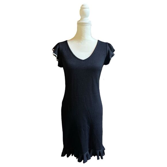 St John Collection By Marie Gray Knit Flutter Sleeve Ruffle Hem Dress Black US 2 - Picture 1 of 11